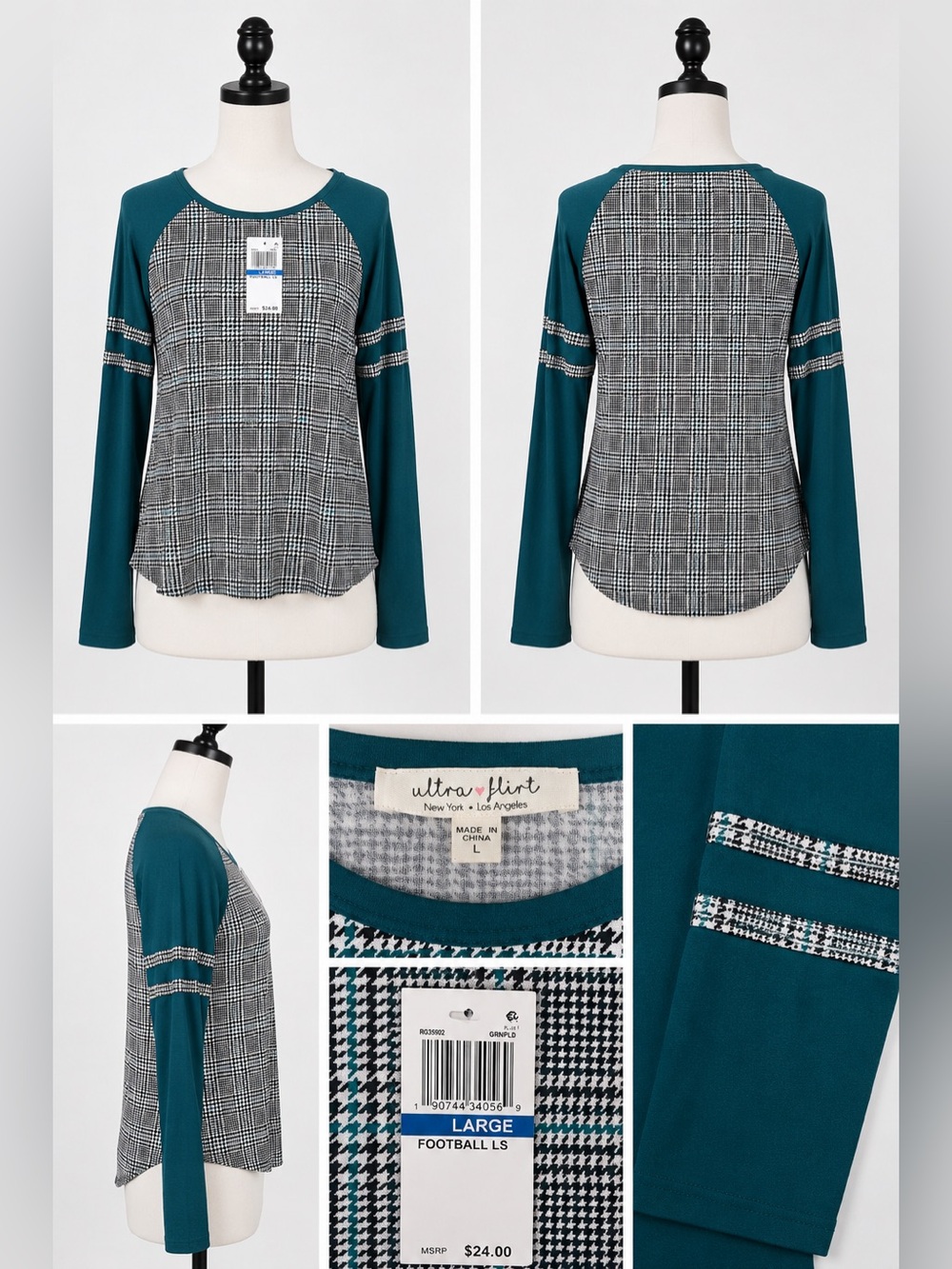 Ultra Flirt Teal Raglan Plaid Baseball Tee